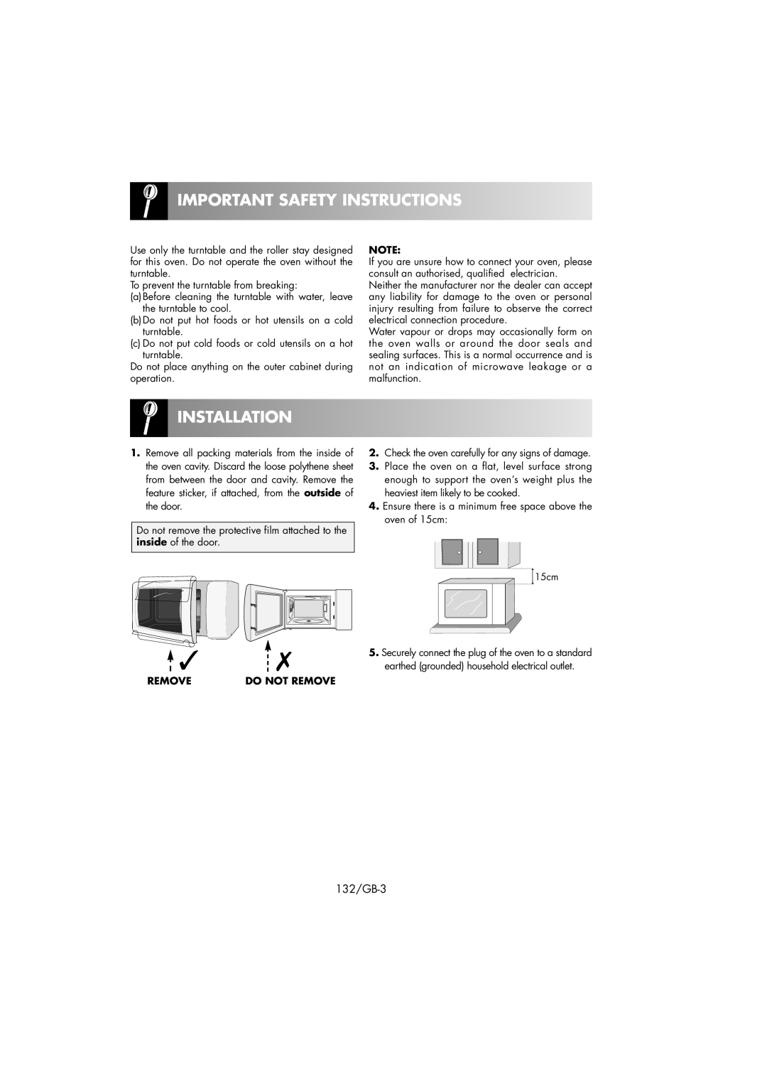 Sharp R-239 operation manual Installation, Remove Do not Remove 