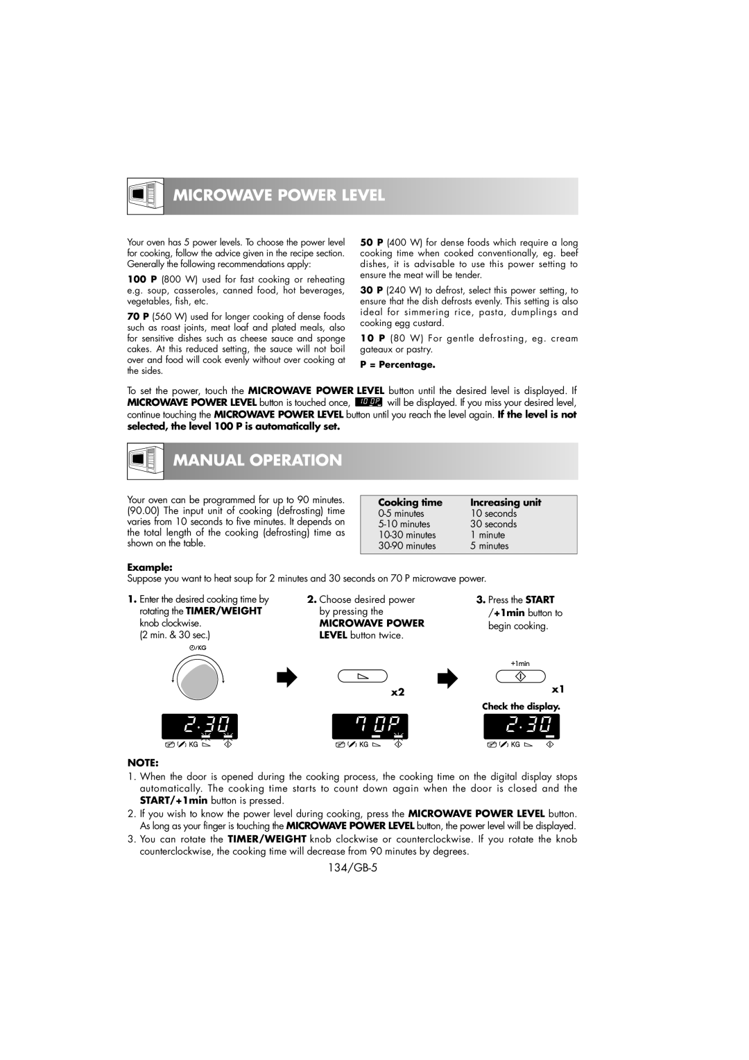 Sharp R-239 operation manual Microwave Power Level, Manual Operation, = Percentage, Cooking time Increasing unit 