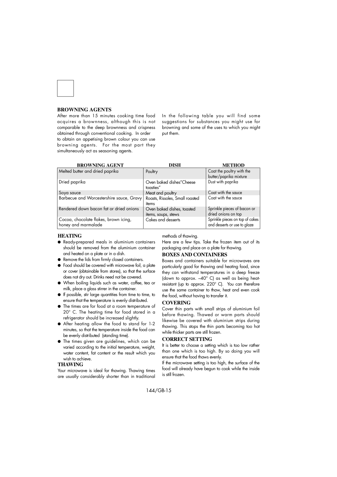 Sharp R-239 operation manual Browning Agents, Heating, Thawing, Boxes and Containers, Correct Setting 