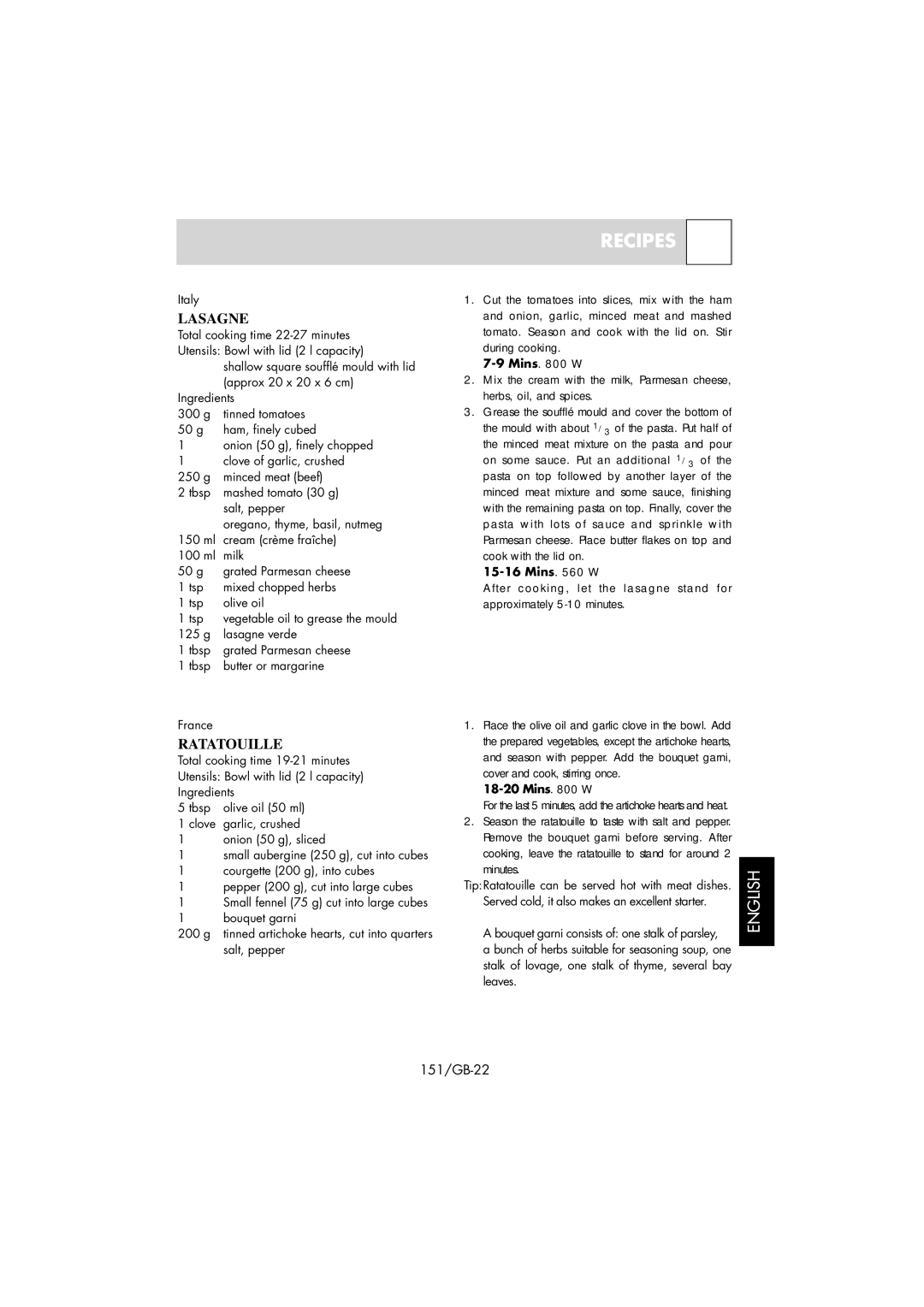 Sharp R-239 operation manual Lasagne, Ratatouille, Italy, Minutes 