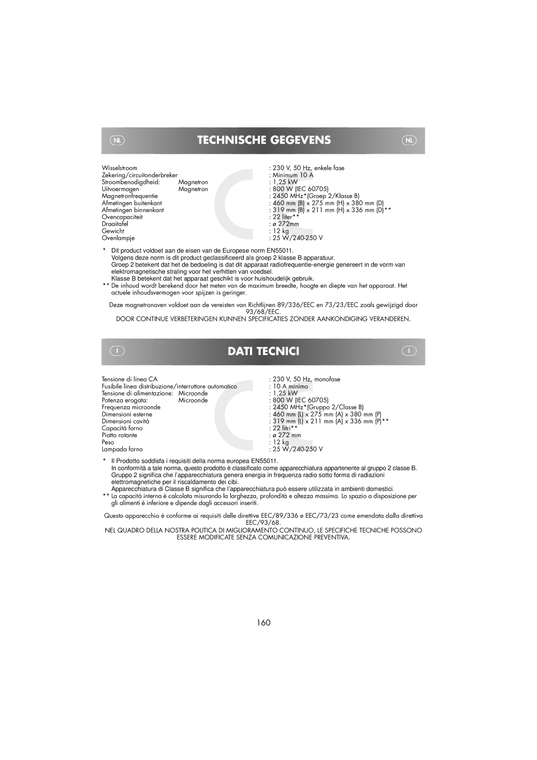 Sharp R-239 operation manual Dati Tecnici, Technische Gegevens 