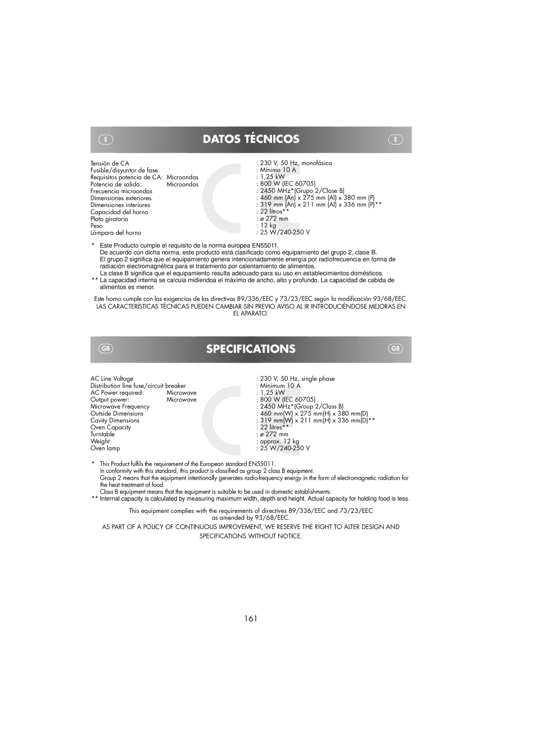 Sharp R-239 operation manual Gbspecifications, Datos Técnicos 