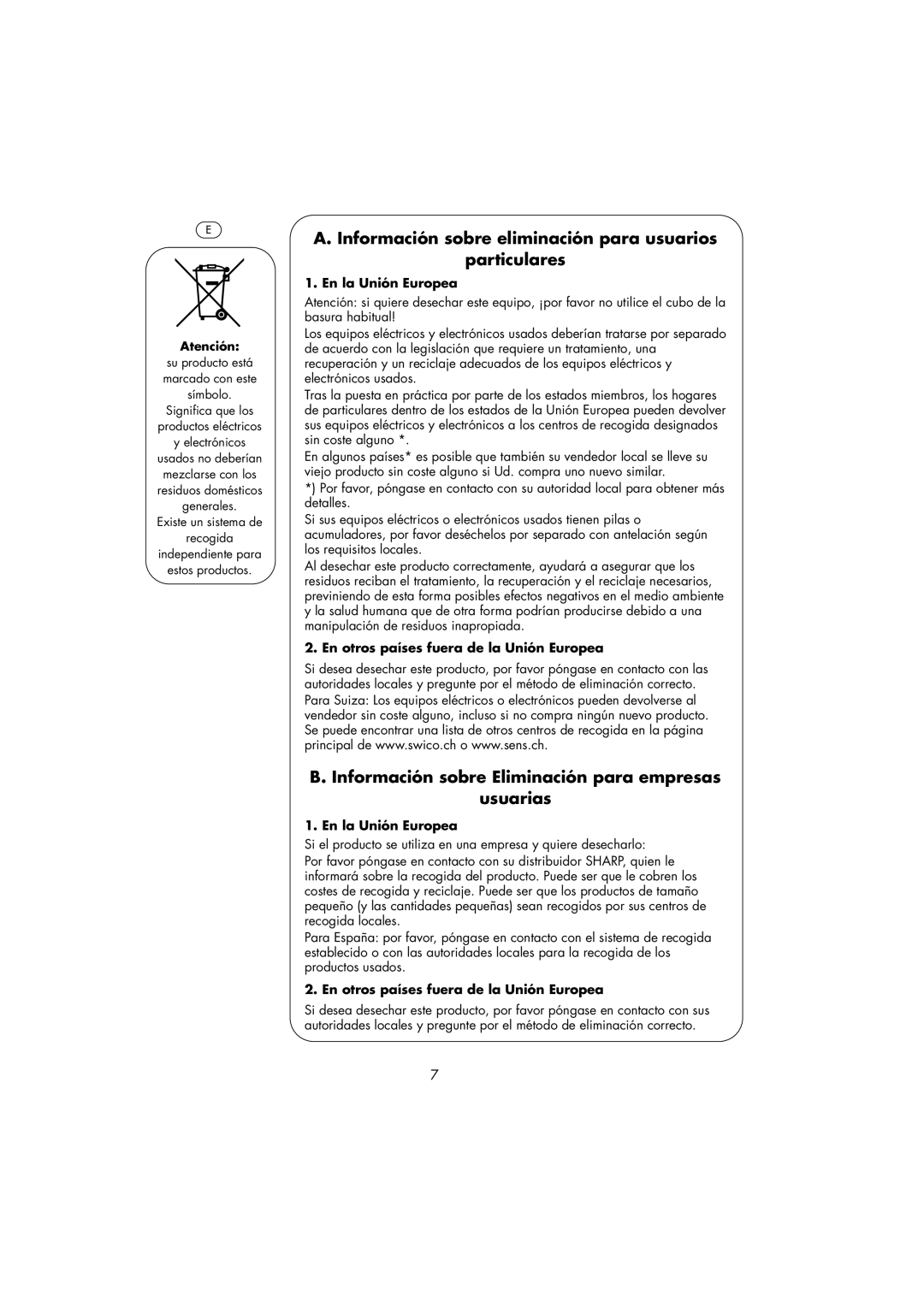 Sharp R-239 Información sobre eliminación para usuarios Particulares, Información sobre Eliminación para empresas Usuarias 