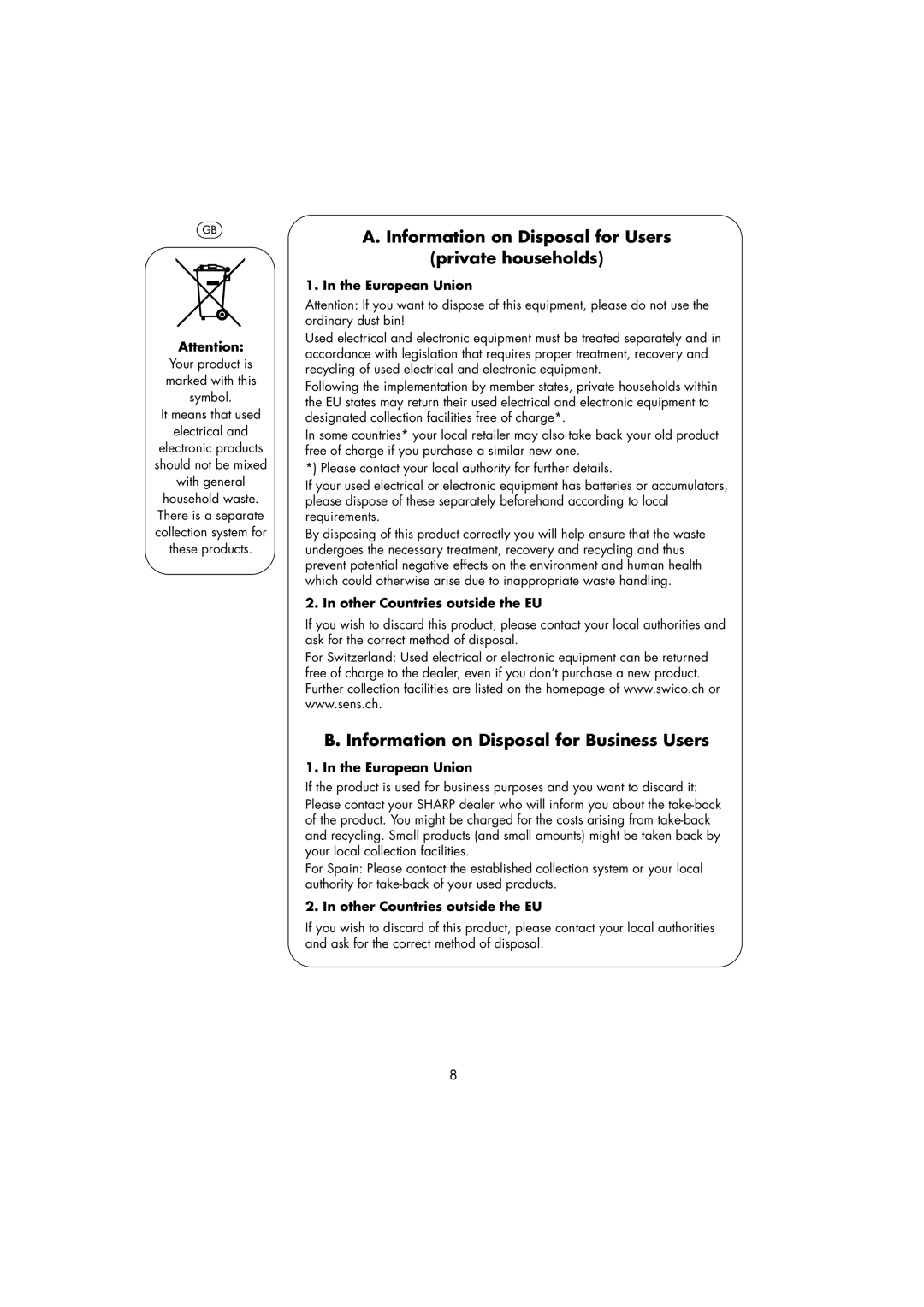 Sharp R-239 Information on Disposal for Users Private households, Information on Disposal for Business Users 