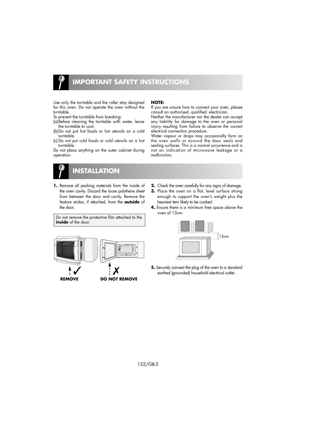 Sharp R-239 operation manual Installation, Important Safety Instructions, 132/GB-3 