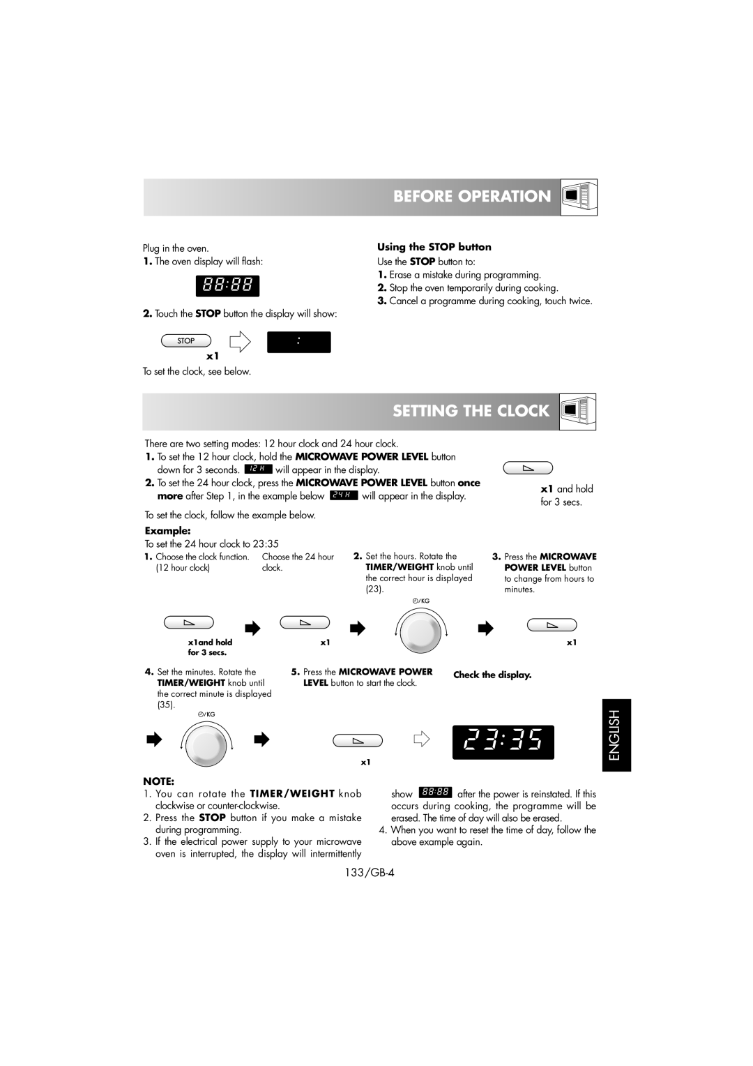 Sharp R-239 operation manual Before Operation, Setting The Clock, English, 133/GB-4 
