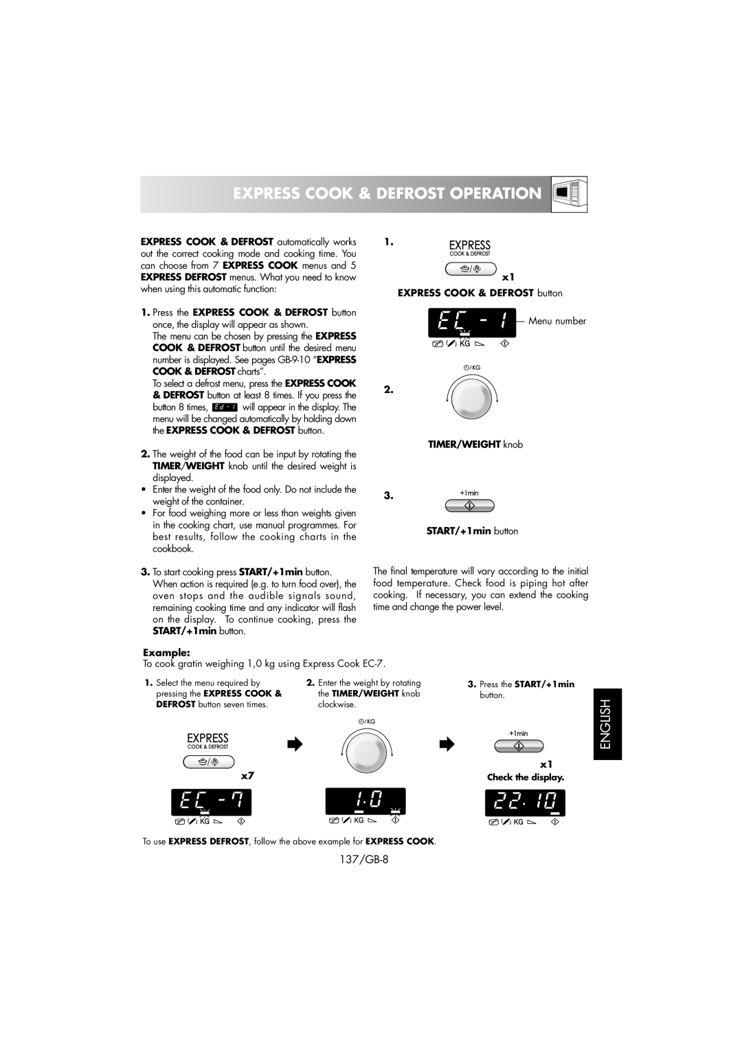 Sharp R-239 operation manual Express Cook & Defrost Operation, English, 137/GB-8 