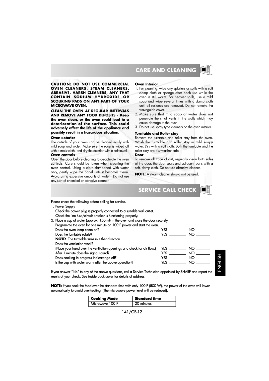 Sharp R-239 operation manual Care And Cleaning, Service Call Check, 141/GB-12, English 