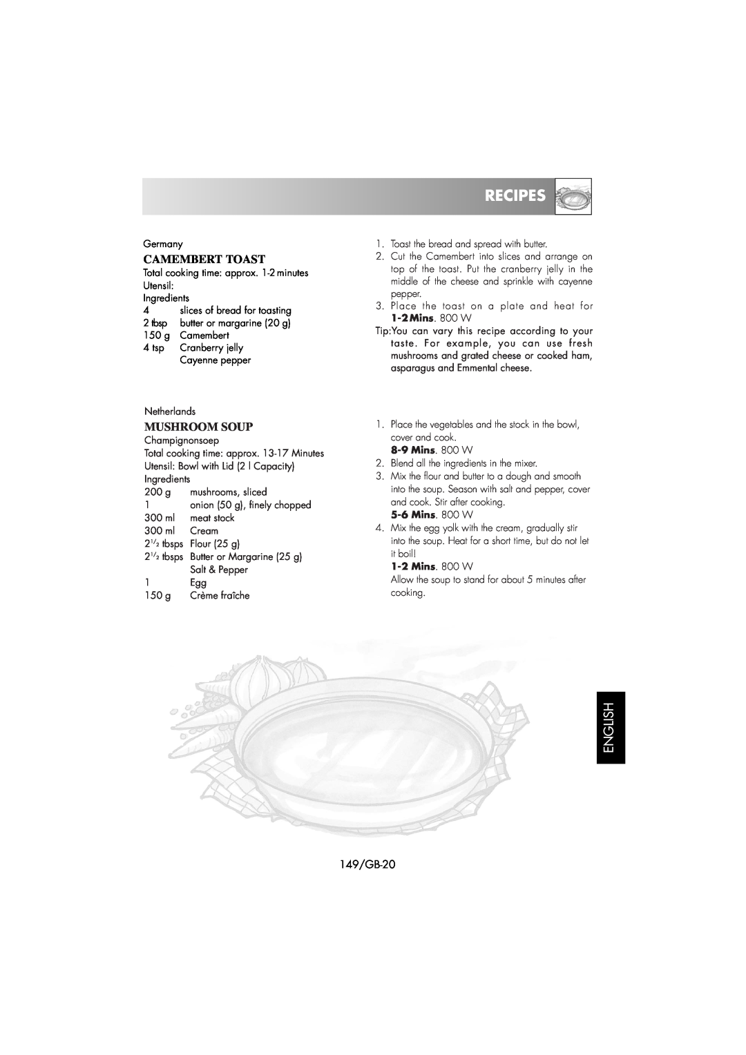 Sharp R-239 operation manual Camembert Toast, Recipes, English, 149/GB-20 
