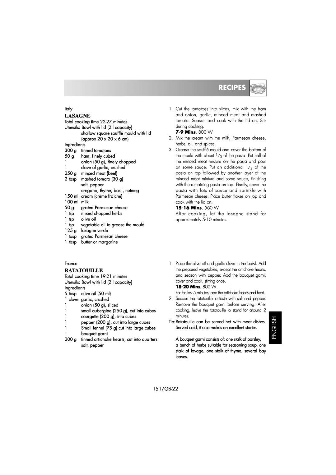 Sharp R-239 operation manual Lasagne, Ratatouille, Recipes, English, 151/GB-22 