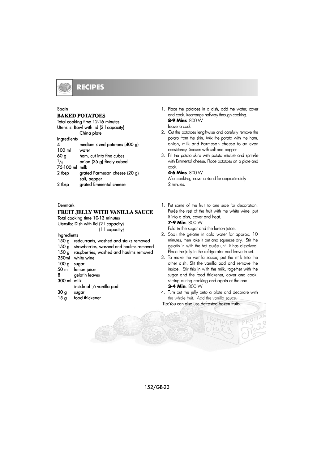 Sharp R-239 operation manual Baked Potatoes, Fruit Jelly With Vanilla Sauce, Recipes, 152/GB-23 
