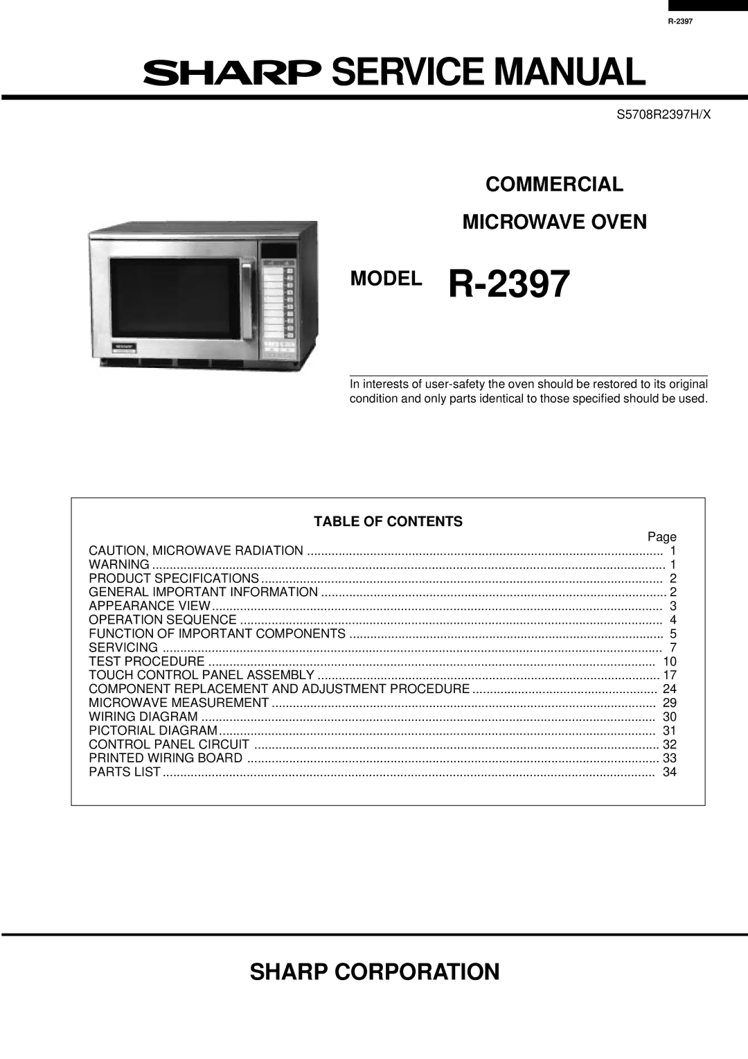 Sharp R-2397 service manual Commercial Microwave Oven, Table of Contents 