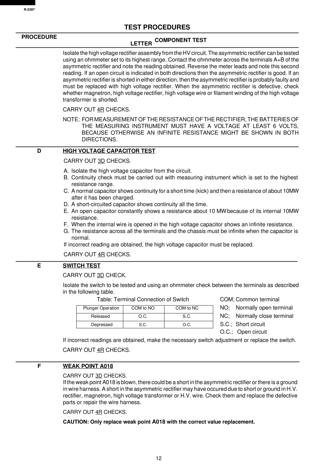 Sharp R-2397 service manual Procedure Component Test Letter, High Voltage Capacitor Test Carry OUT 3D Checks, Switch Test 