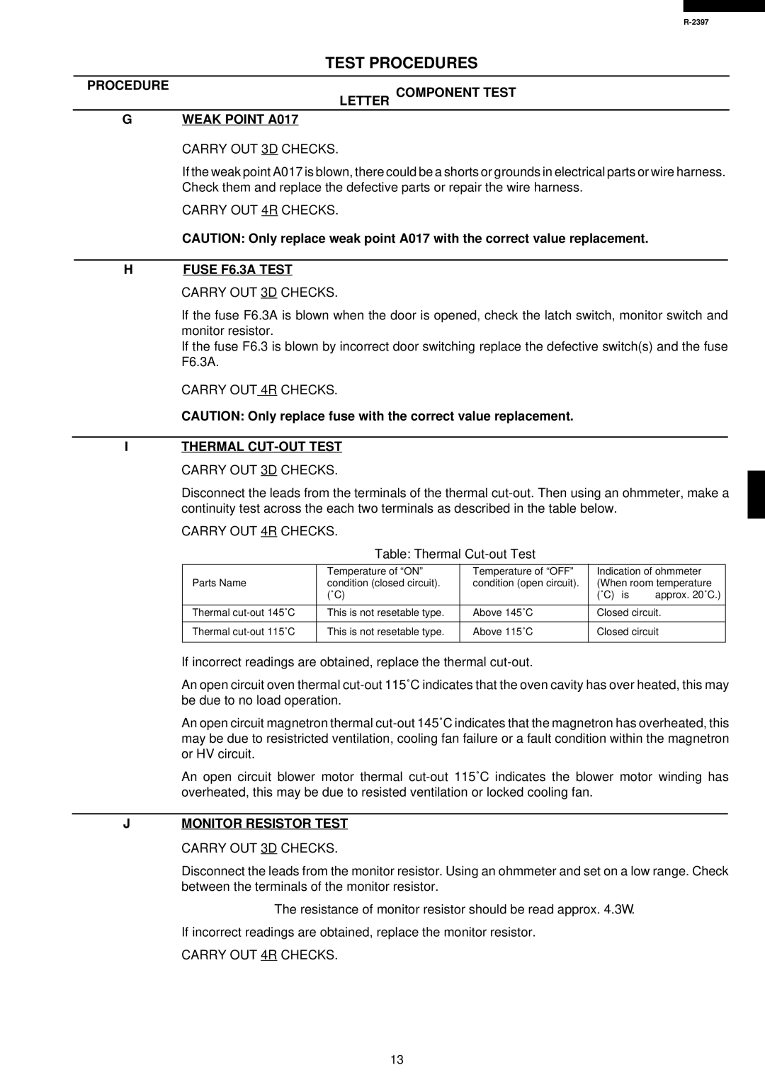 Sharp R-2397 service manual Fuse F6.3A Test, Thermal CUT-OUT Test Carry OUT 3D Checks, Table Thermal Cut-out Test 