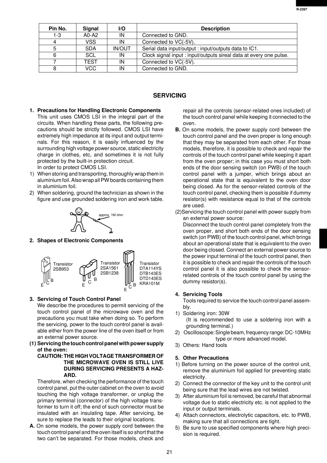 Sharp R-2397 Shapes of Electronic Components, Servicing of Touch Control Panel, Servicing Tools, Other Precautions 