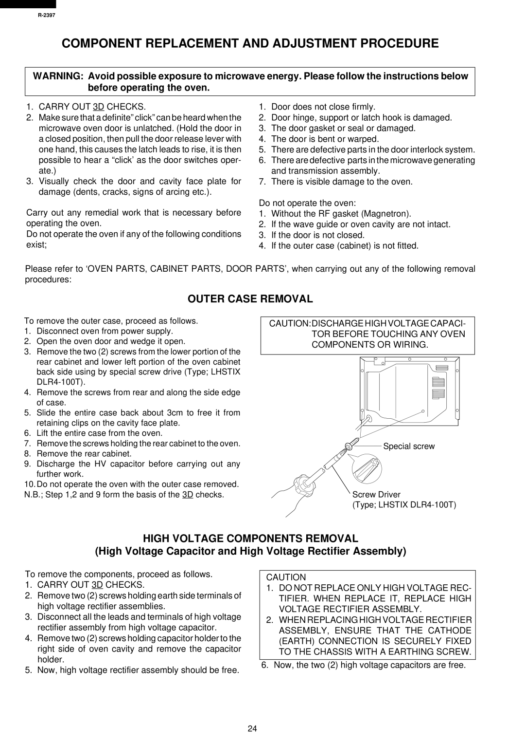 Sharp R-2397 Component Replacement and Adjustment Procedure, Outer Case Removal, High Voltage Components Removal 