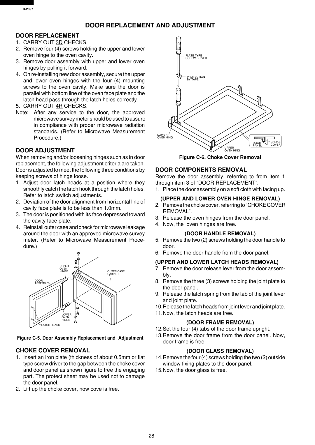 Sharp R-2397 service manual Door Replacement and Adjustment, Door Adjustment, Choke Cover Removal, Door Components Removal 