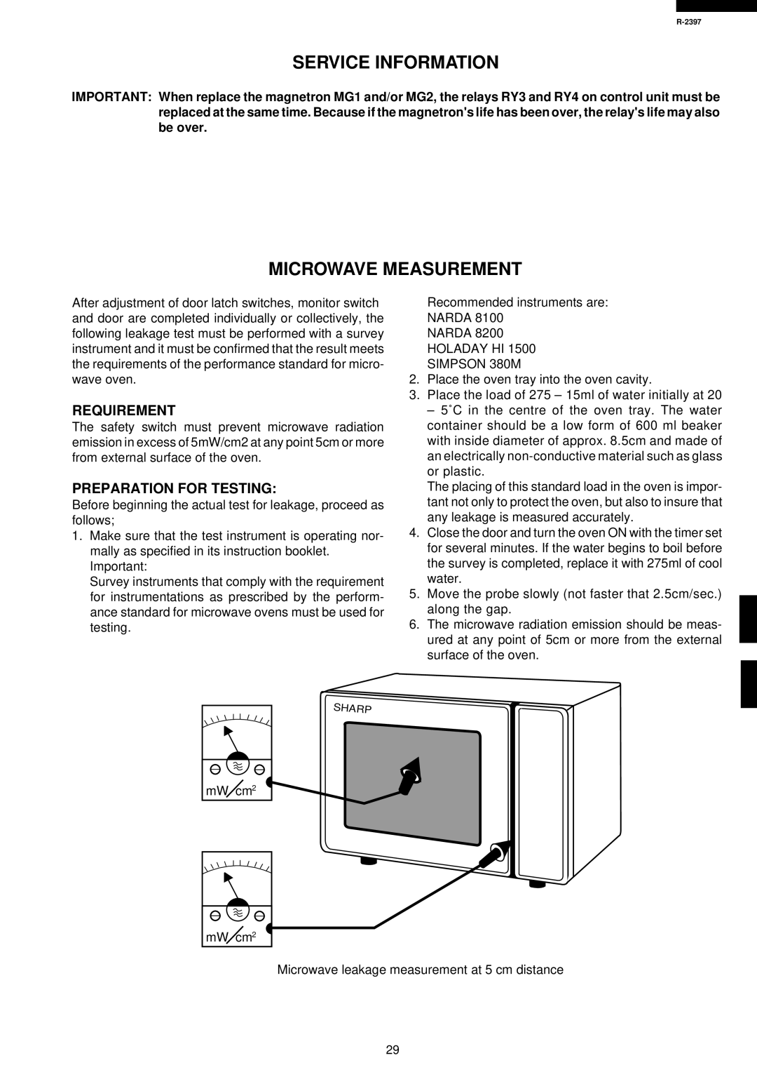 Sharp R-2397 service manual Service Information, Microwave Measurement, Requirement, Preparation for Testing 