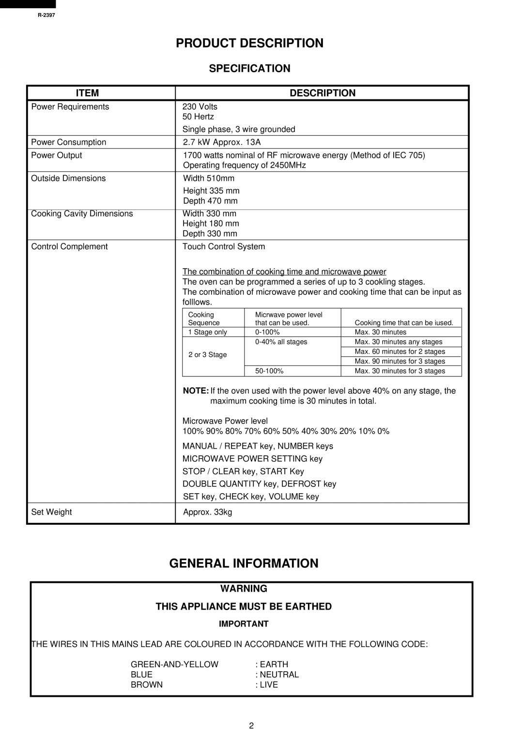 Sharp R-2397 service manual Product Description, General Information, Specification, This Appliance Must be Earthed 