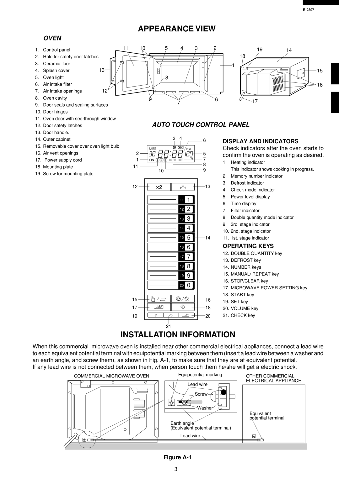 Sharp R-2397 service manual Appearance View, Installation Information, Display and Indicators, Operating Keys 