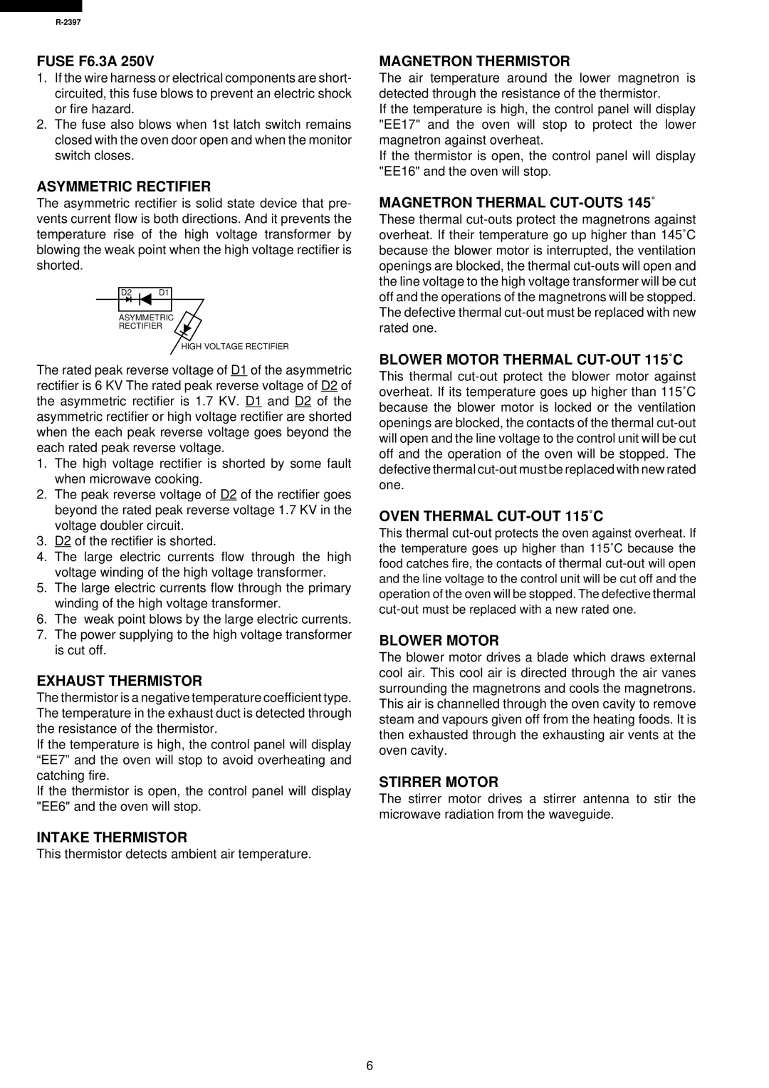 Sharp R-2397 Asymmetric Rectifier, Exhaust Thermistor, Intake Thermistor, Magnetron Thermistor, Oven Thermal CUT-OUT 115˚C 
