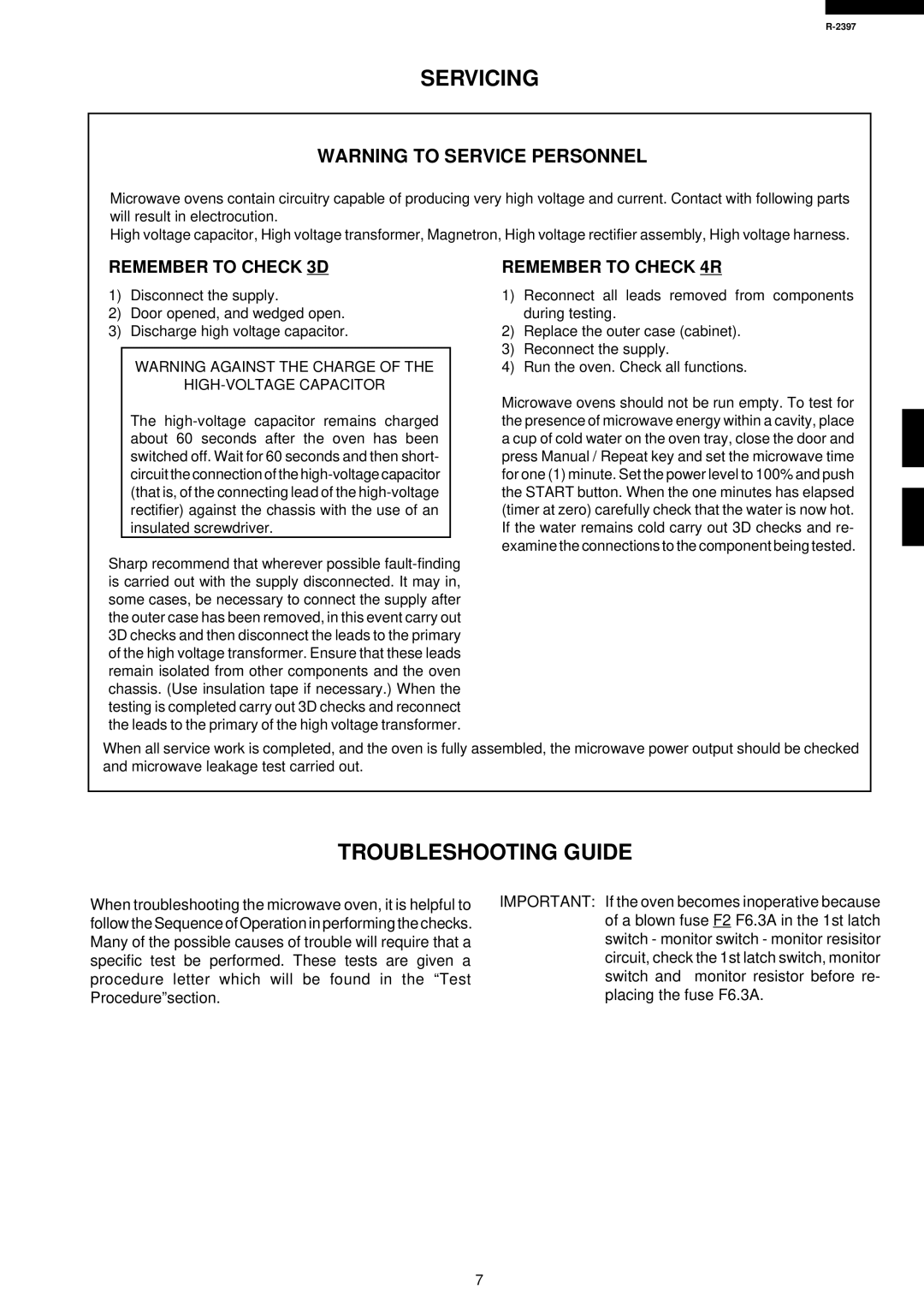 Sharp R-2397 Servicing, Troubleshooting Guide, Remember to Check 3D, Remember to Check 4R, HIGH-VOLTAGE Capacitor 