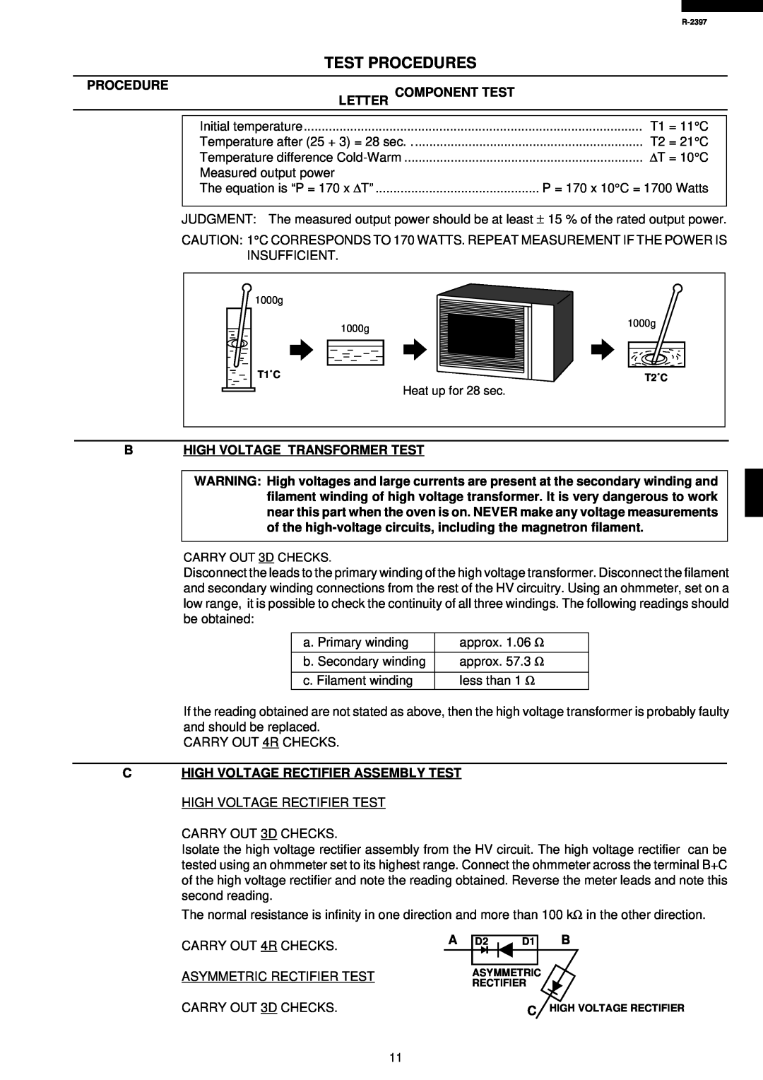 Sharp R-2397 service manual Letter Component Test, Bhigh Voltage Transformer Test, Test Procedures 