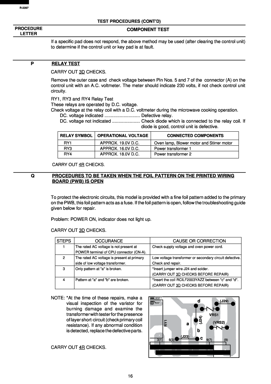 Sharp R-2397 service manual Test Procedures Contd, Component Test, Letter, Relay Test 