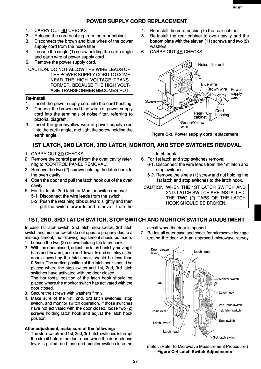 Sharp R-2397 service manual Power Supply Cord Replacement 