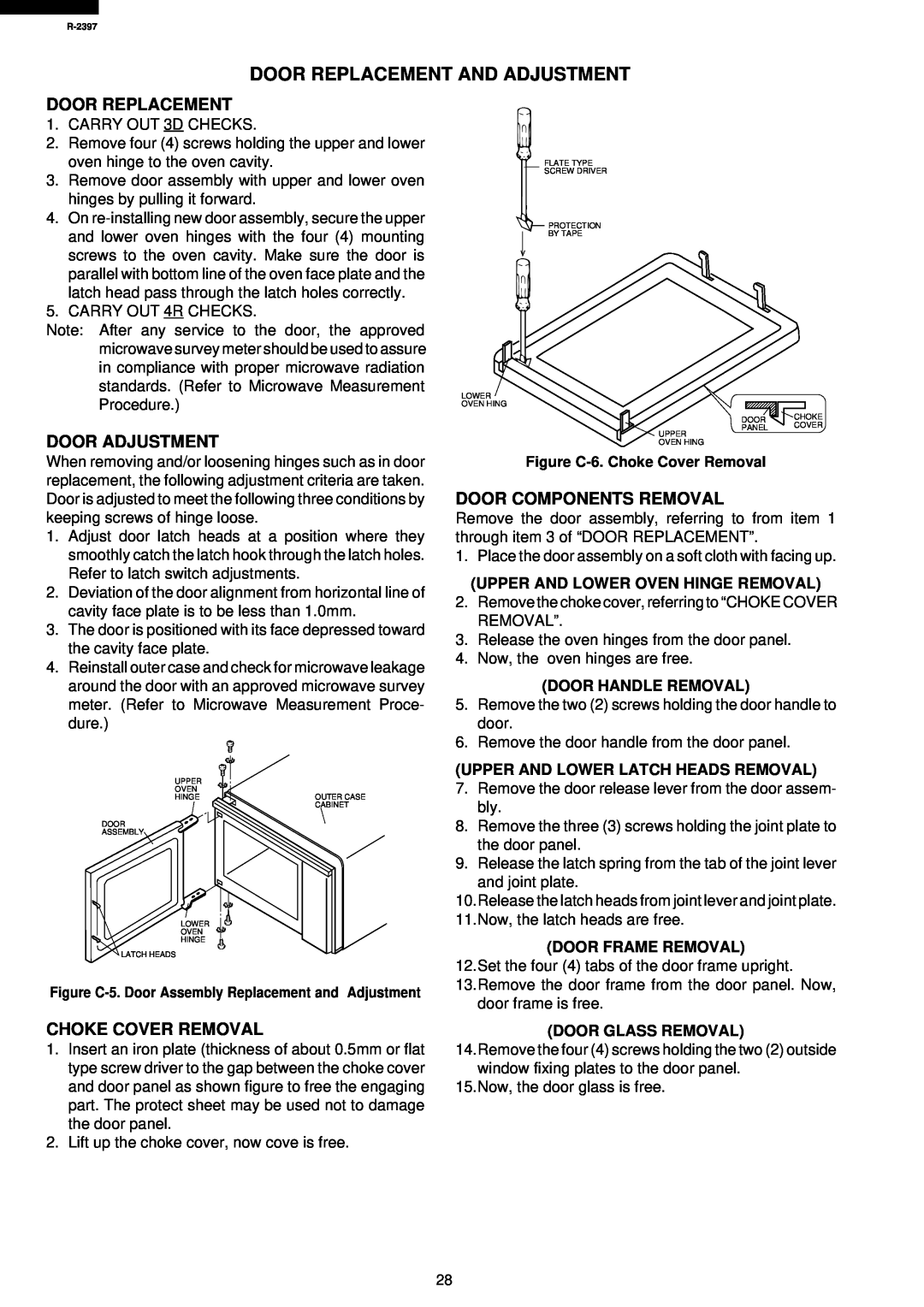 Sharp R-2397 service manual Door Replacement And Adjustment, Door Adjustment, Choke Cover Removal, Door Components Removal 