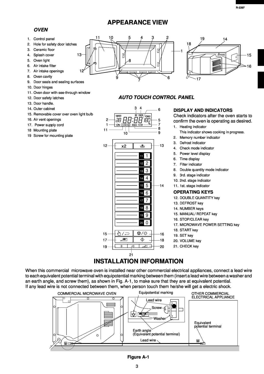 Sharp R-2397 service manual Appearance View, Installation Information, Oven, Auto Touch Control Panel 