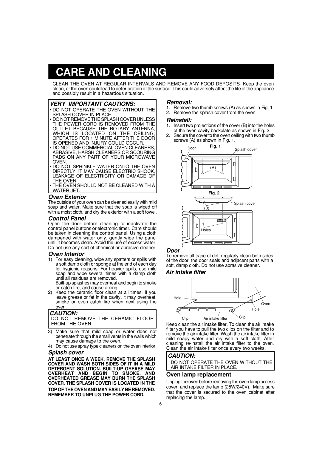 Sharp R-25AM, R-23AM, R-22AM operation manual Care and Cleaning, Do not Operate the Oven Without the Splash Cover in Place 