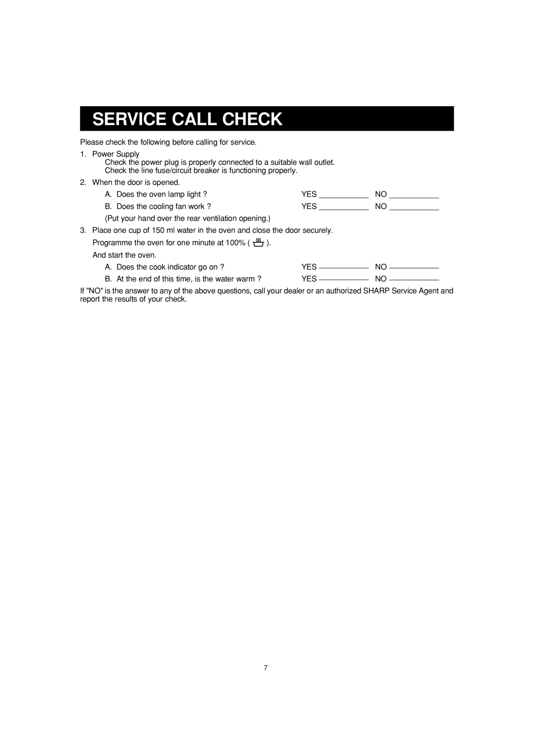 Sharp R-22AM, R-23AM, R-25AM operation manual Service Call Check, Yes 