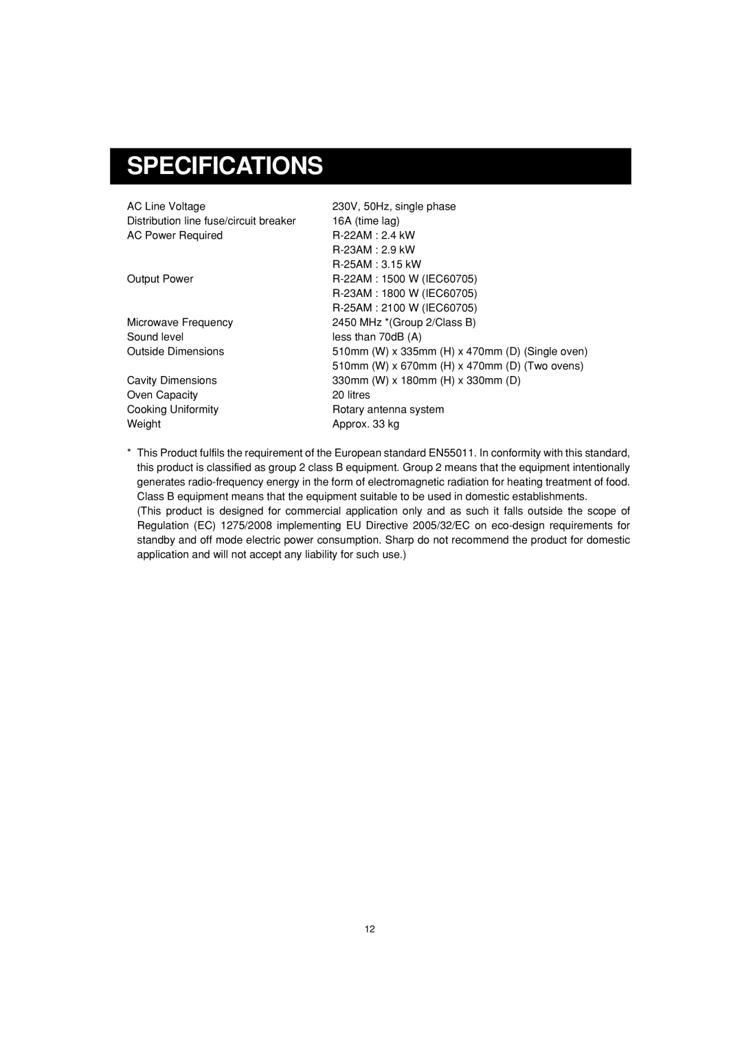 Sharp R-25AM, R-23AM, R-22AM operation manual Specifications 