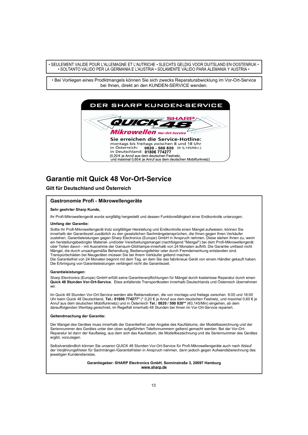 Sharp R-22AM, R-23AM, R-25AM operation manual Garantie mit Quick 48 Vor-Ort-Service 