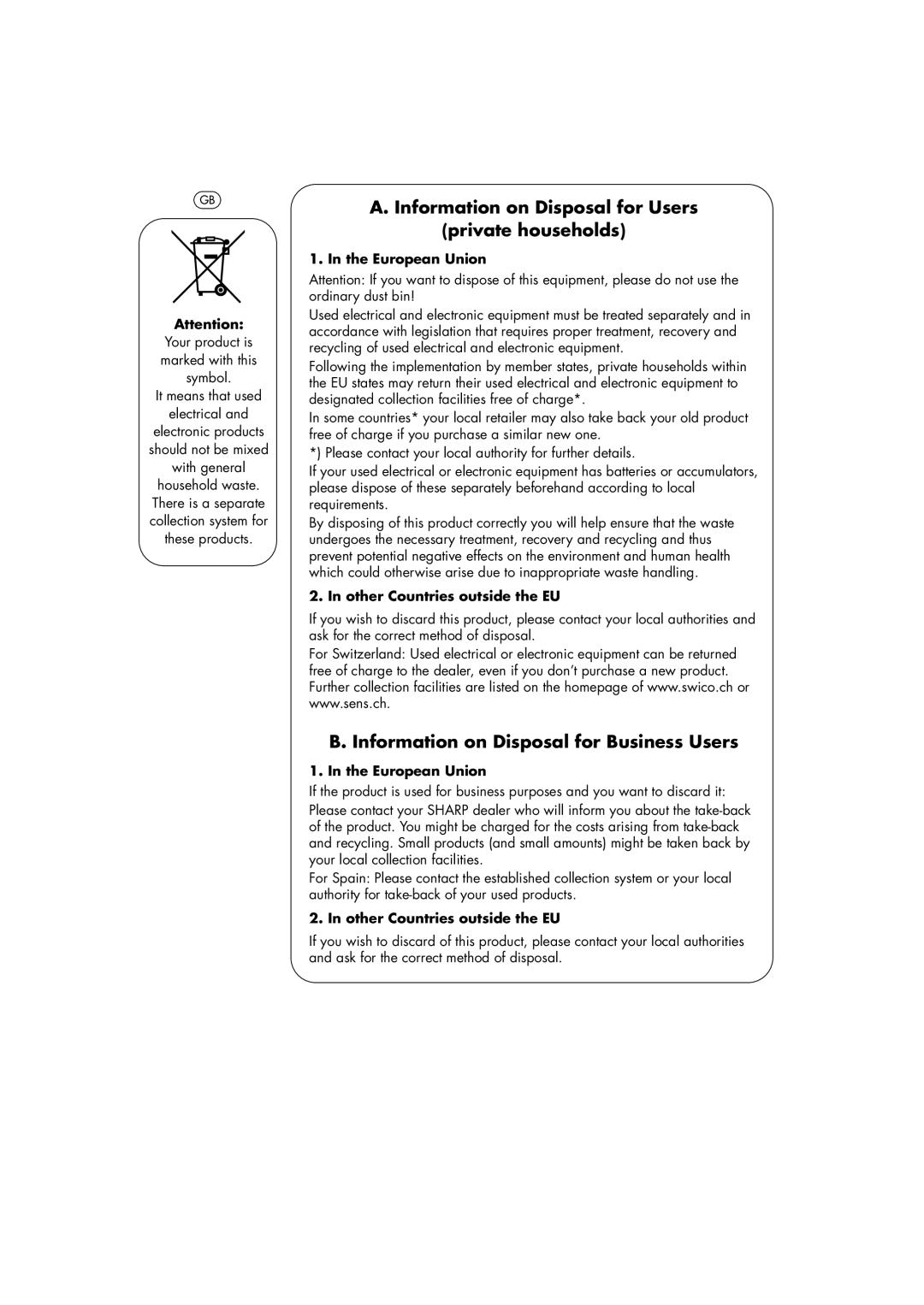 Sharp R-22AM, R-23AM, R-25AM operation manual Information on Disposal for Users Private households 