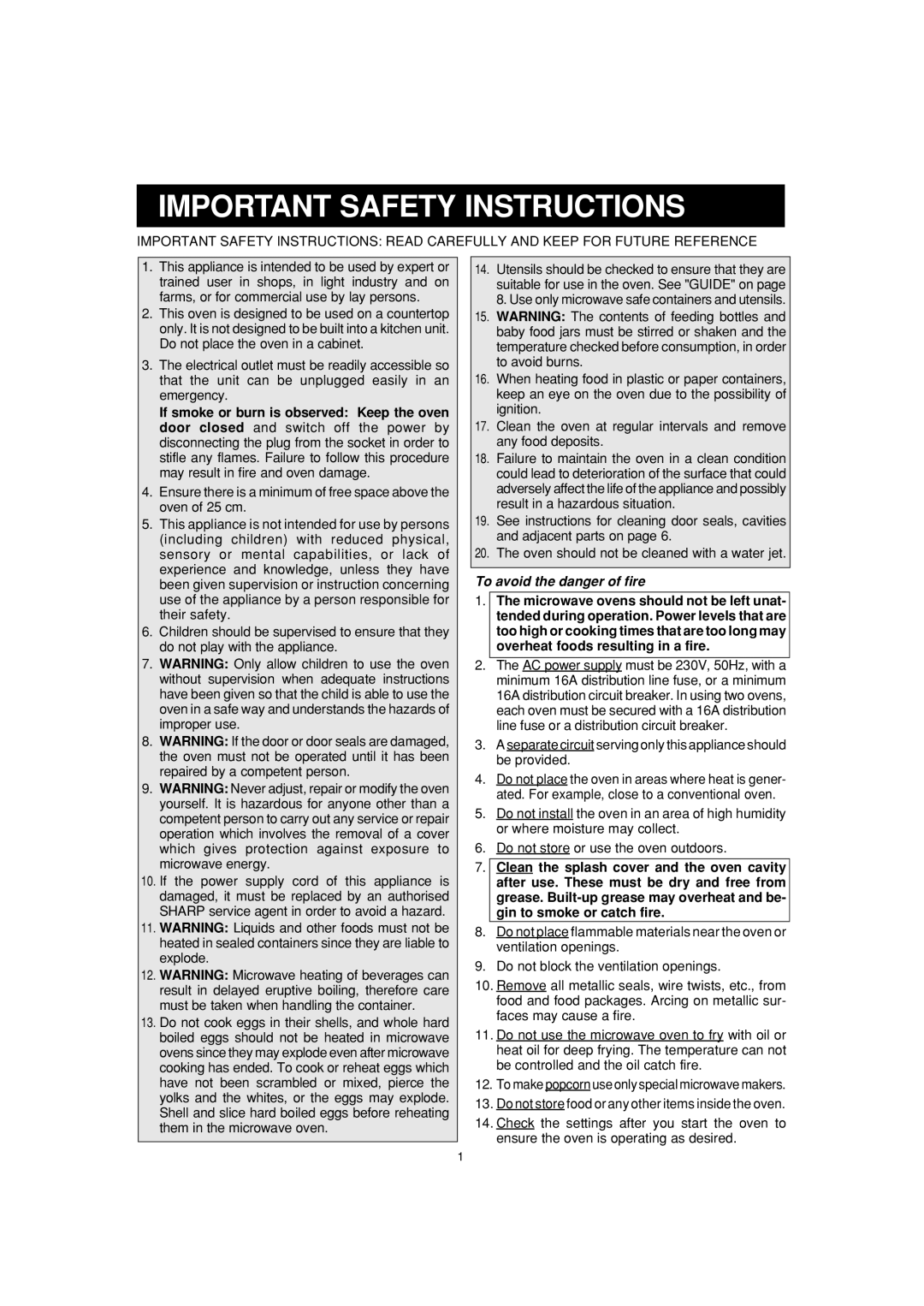 Sharp R-22AM, R-23AM, R-25AM operation manual Important Safety Instructions, To avoid the danger of fire 