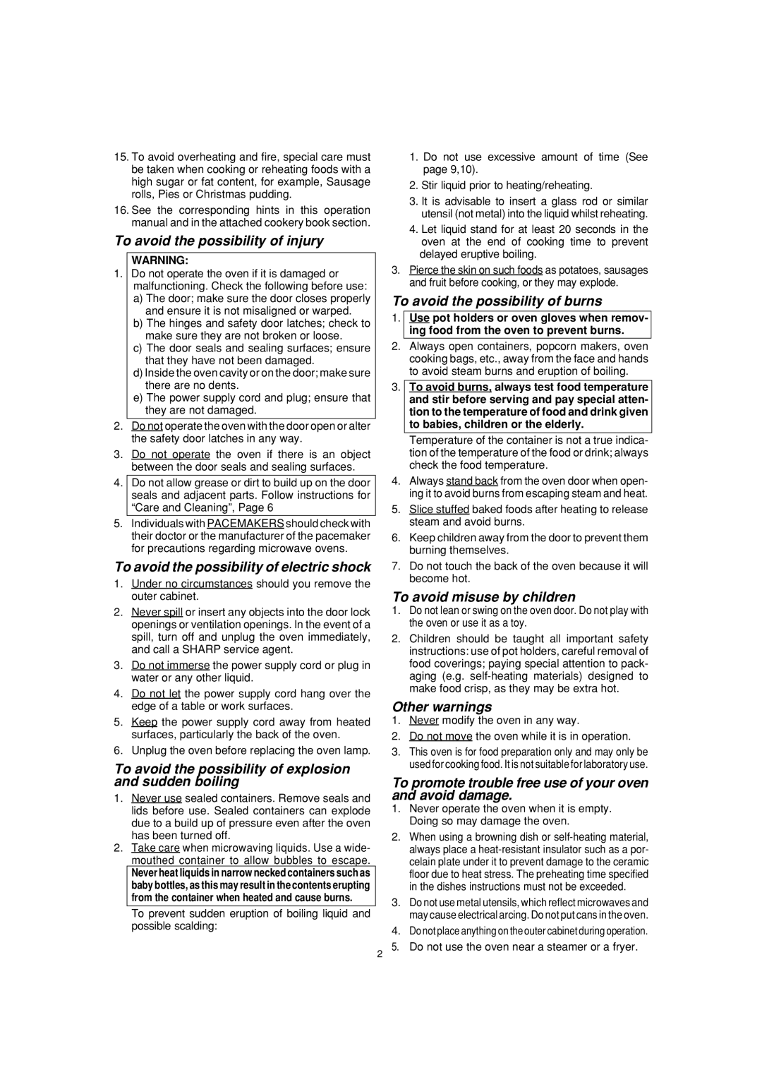 Sharp R-23AM, R-25AM, R-22AM operation manual To avoid the possibility of injury 