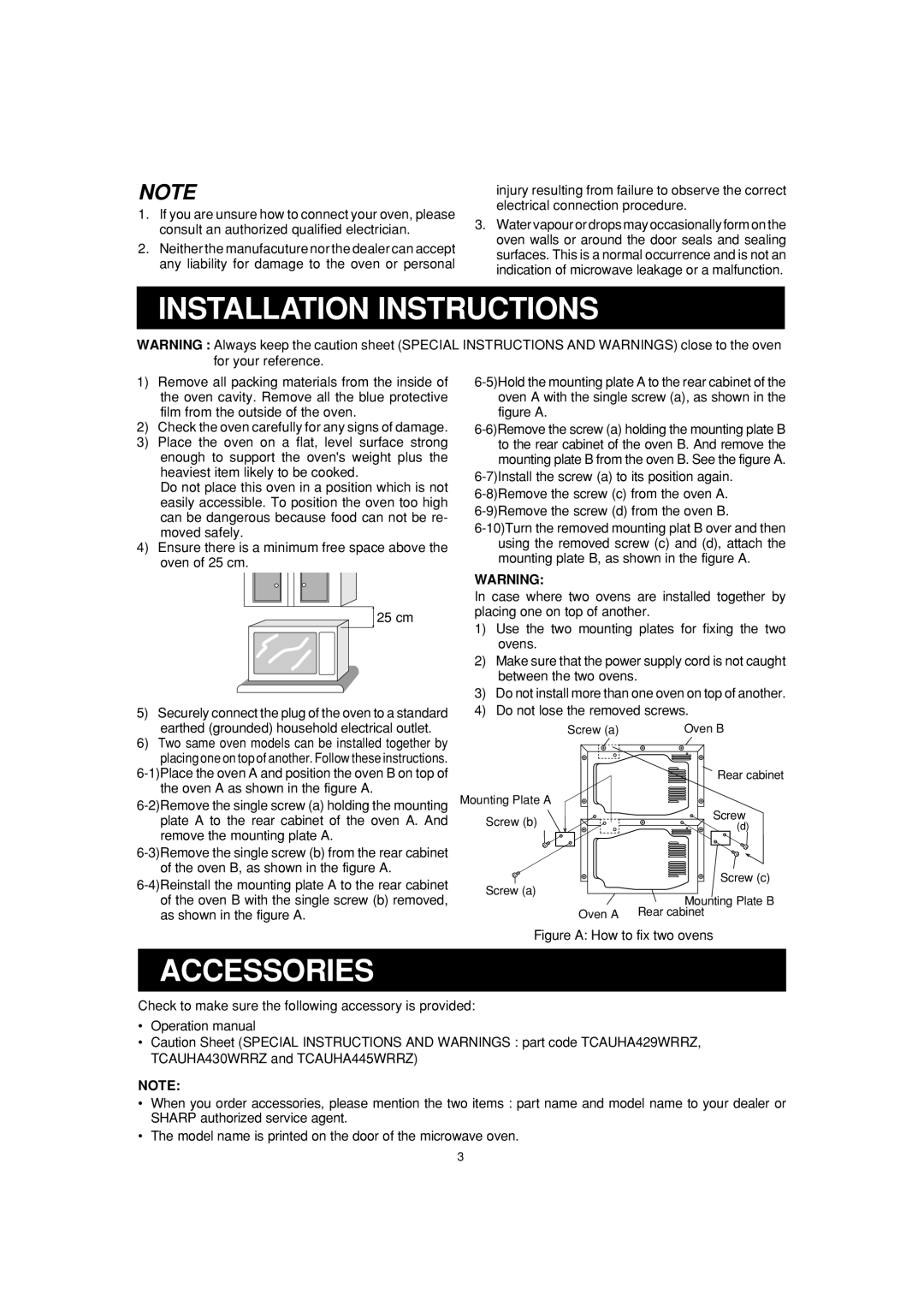 Sharp R-25AM, R-23AM, R-22AM operation manual Installation Instructions, Accessories 