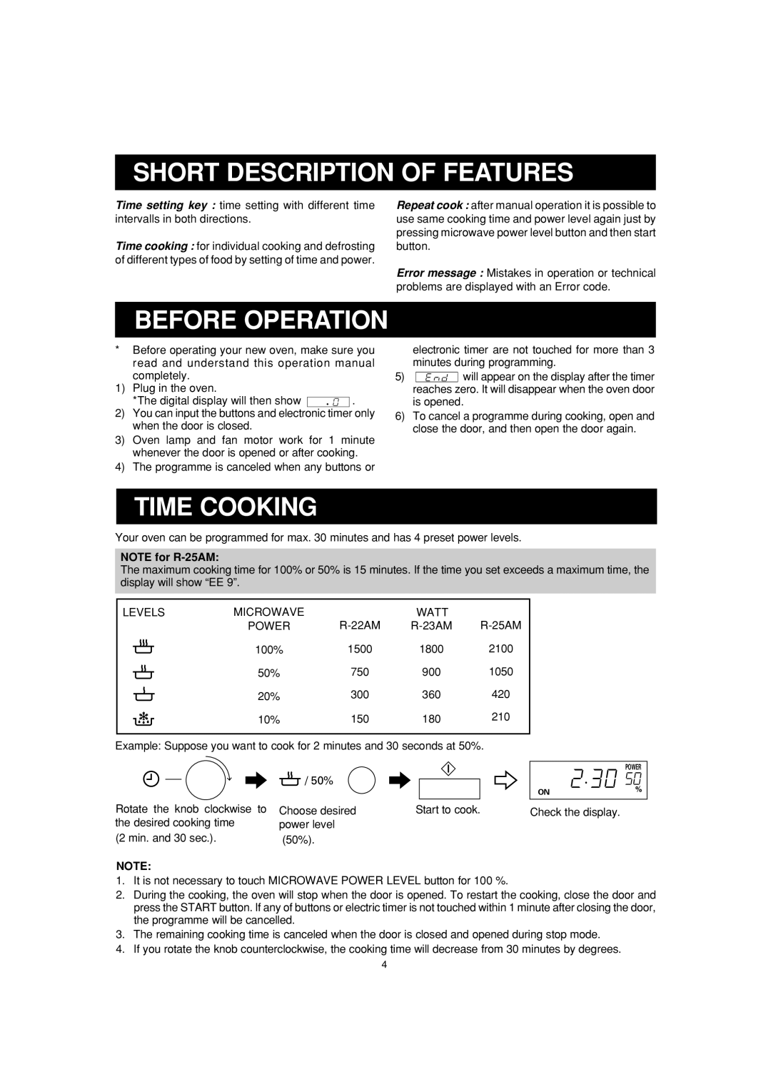 Sharp R-22AM, R-23AM, R-25AM operation manual Short Description of Features, Before Operation, Time Cooking, Levels, Power 