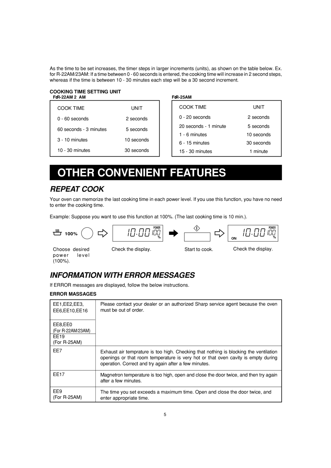 Sharp R-23AM, R-25AM, R-22AM operation manual Other Convenient Features, Cook Time Unit, EE8,EE0, EE7, EE9 