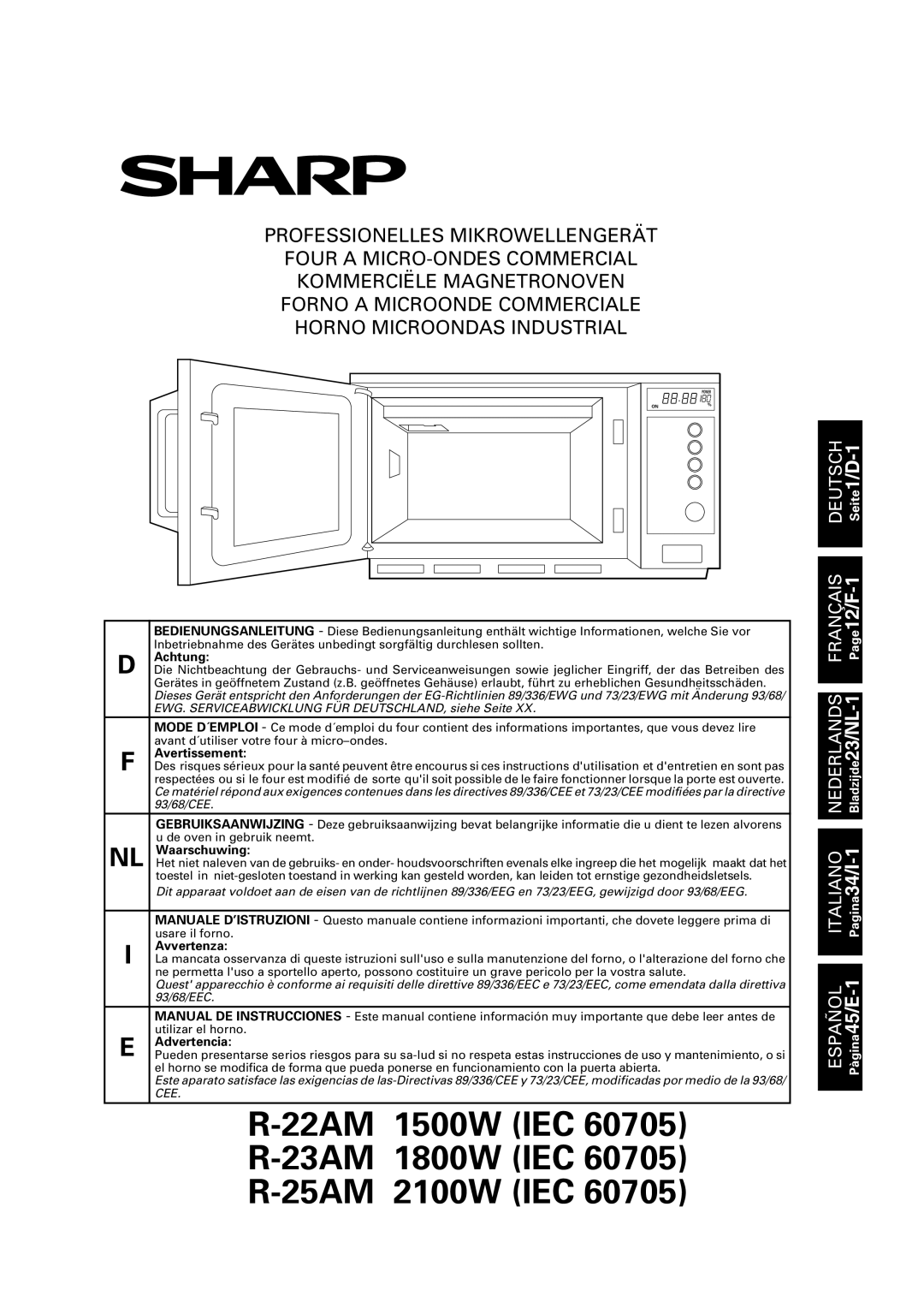 Sharp R-22AM manual 22AM 1500W IEC 60705 R-23AM 1800W IEC 60705 R-25AM 2100W IEC 