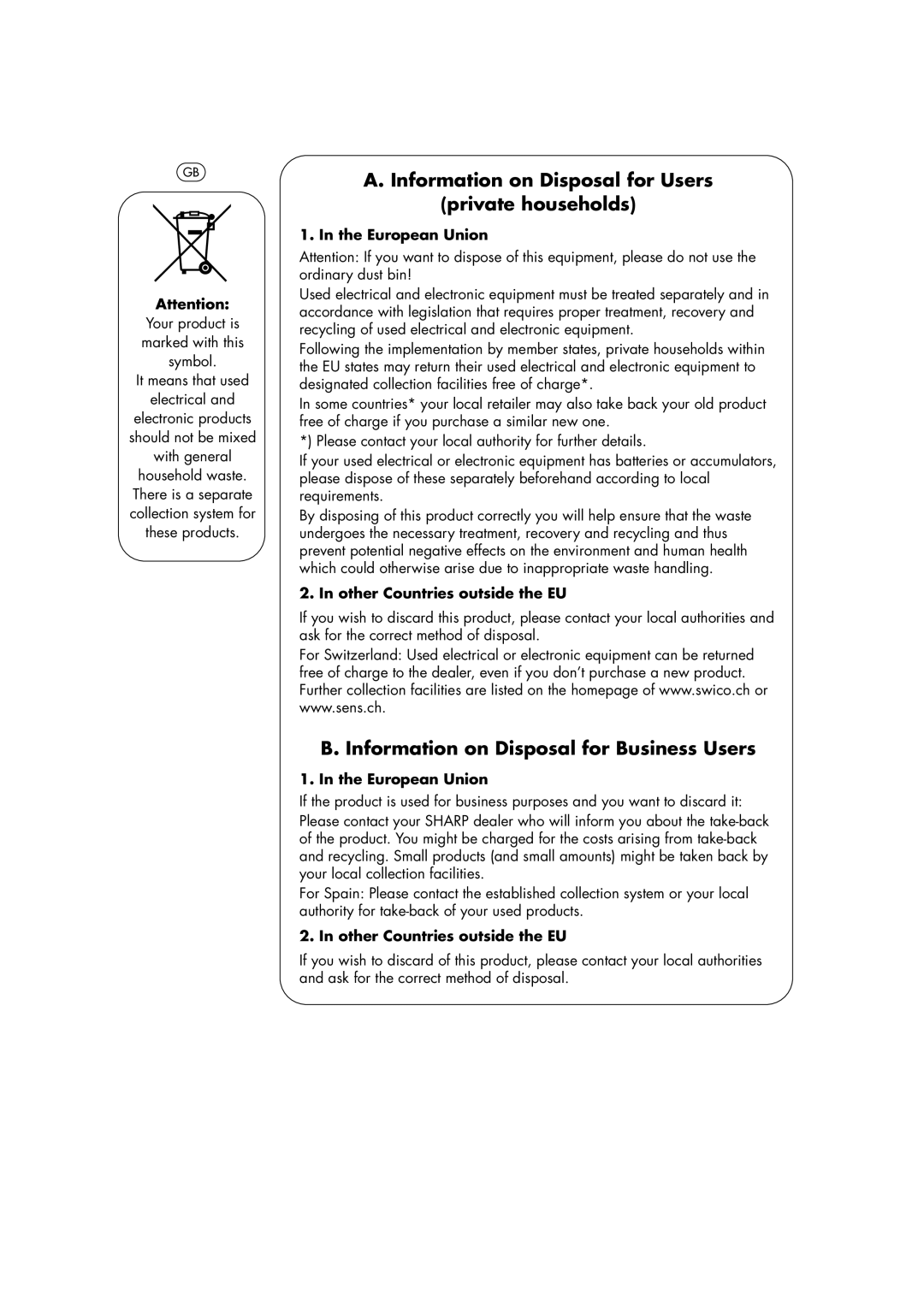 Sharp R-22AM, R-23AM, R-25AM manual Information on Disposal for Users Private households 