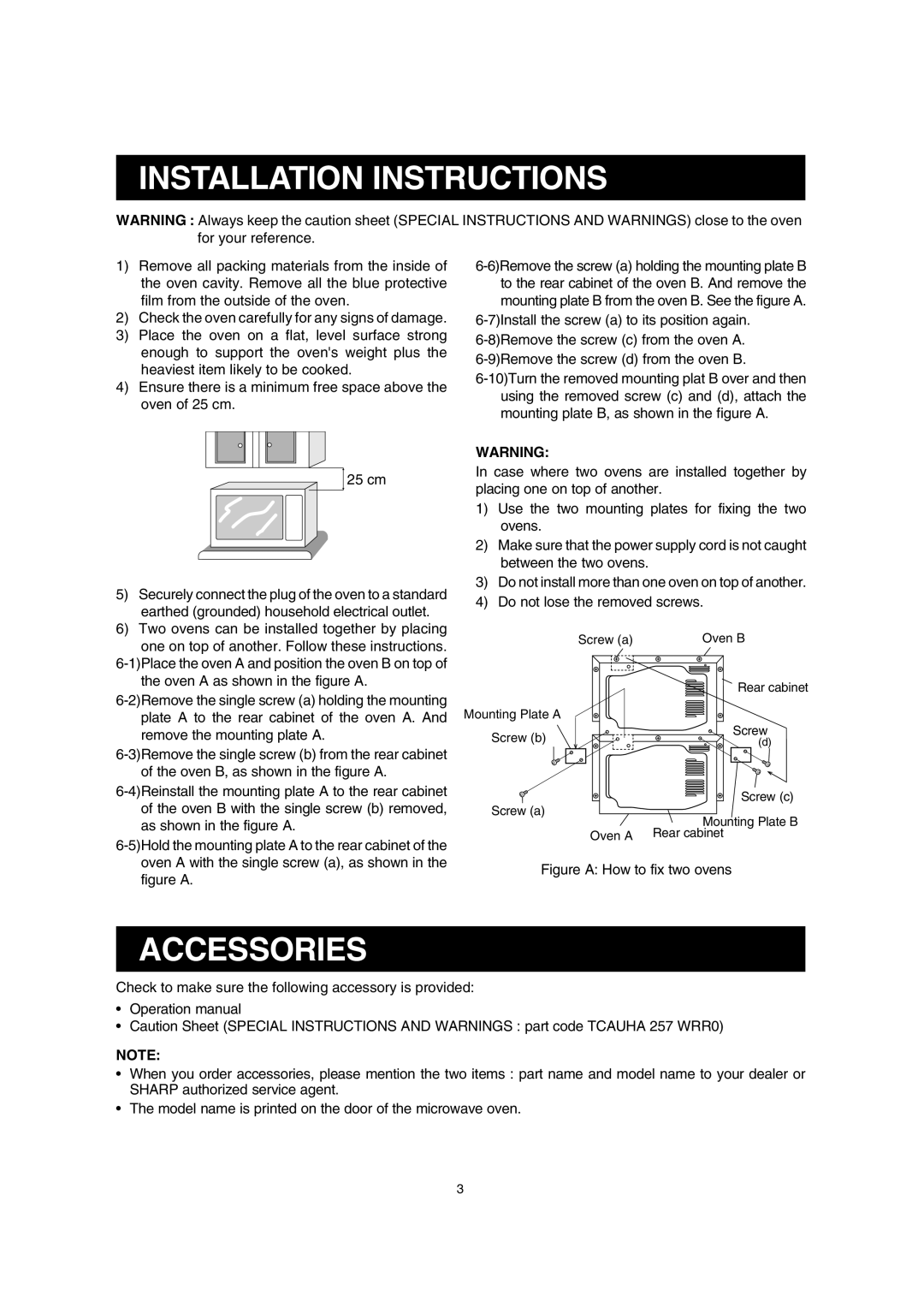 Sharp R-25AM, R-23AM, R-22AM manual Installation Instructions, Accessories 