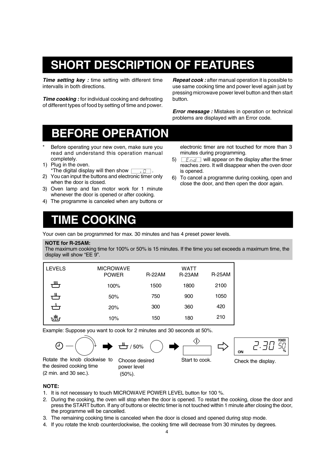 Sharp R-22AM, R-23AM, R-25AM manual Short Description of Features, Before Operation, Time Cooking 