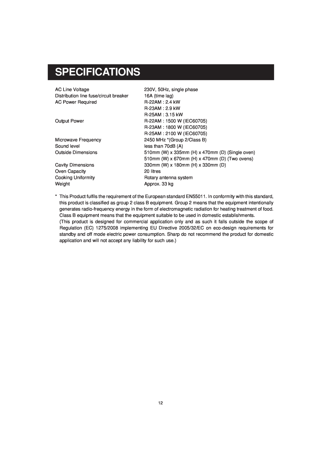 Sharp R-25AM, R-23AM, R-22AM operation manual Specifications 