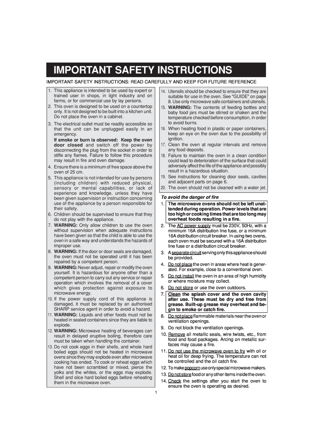 Sharp R-22AM, R-23AM, R-25AM operation manual Important Safety Instructions, To avoid the danger of fire 