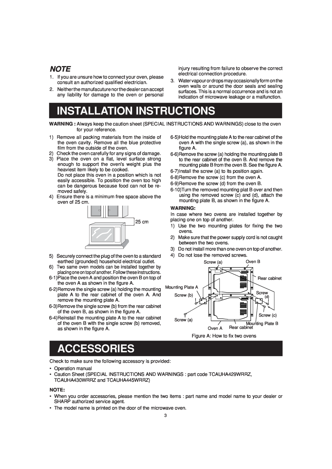 Sharp R-25AM, R-23AM, R-22AM operation manual Installation Instructions, Accessories 