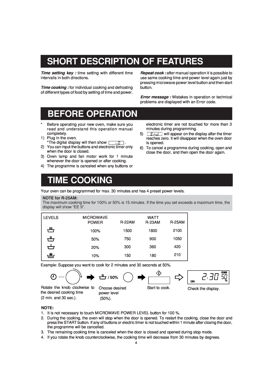 Sharp R-22AM, R-23AM operation manual Short Description Of Features, Before Operation, Time Cooking, NOTE for R-25AM 
