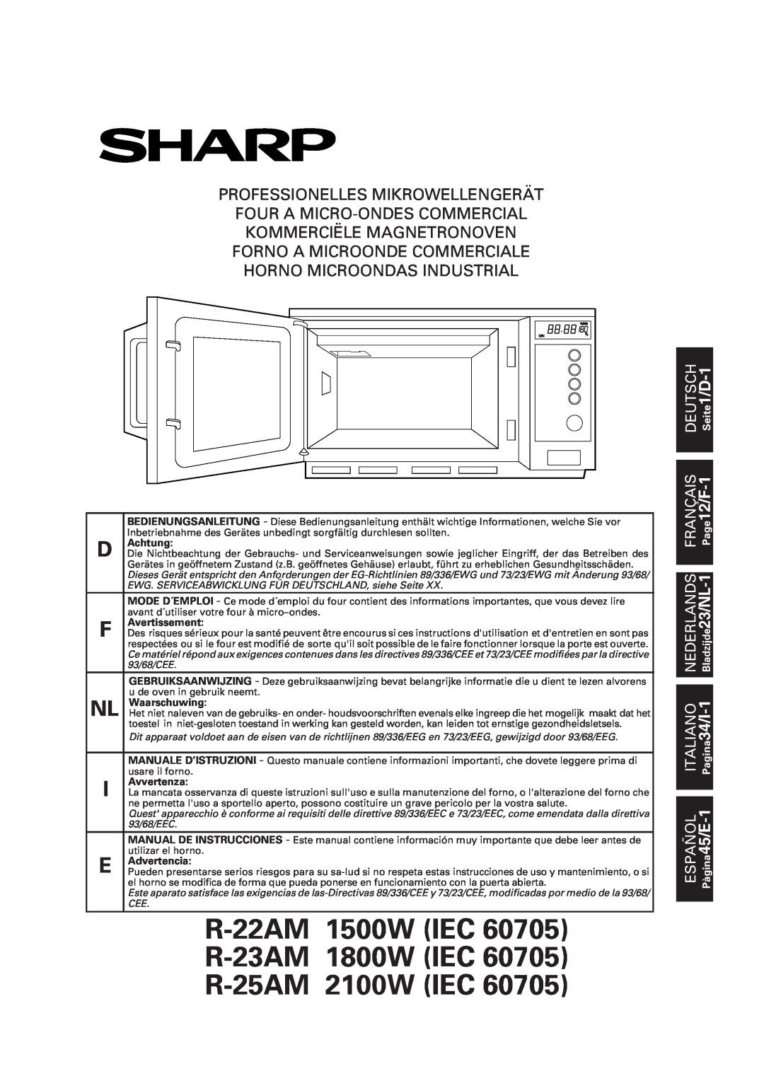 Sharp operation manual R-22AM 1500W IEC 60705 R-23AM 1800W IEC 60705 R-25AM 2100W IEC, Commercial Microwave Oven, 1Page 